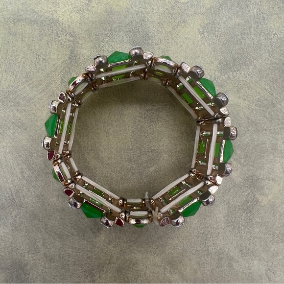 Green Enamel Stone and Clear Rhinestone Stretch Bangle - Picture 10 of 10